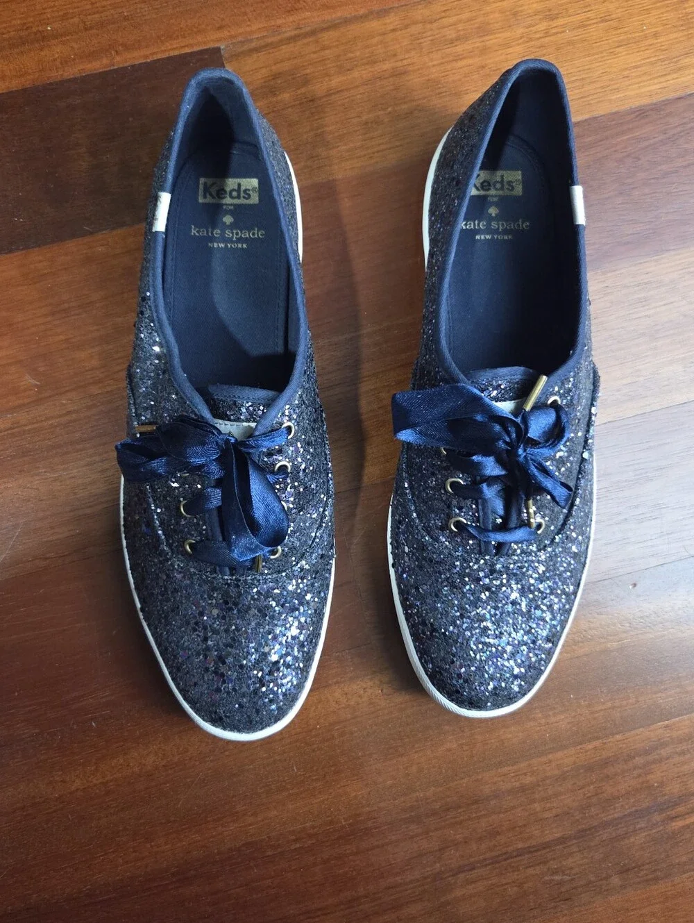 Keds x Kate Spade navy glitter lace-up sneakers with satin laces, Women's 11